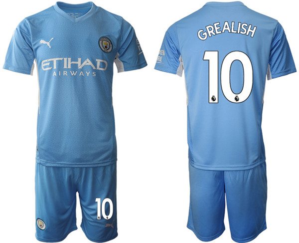 Men's Manchester City #10 Jack Grealish 2021/22 Blue Home Soccer Jersey with Shorts